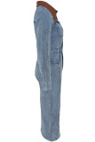 Light Blue Street Pocket Buckle Patchwork Slit Turndown Collar Long Sleeve Regular Denim Dresses
