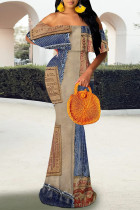 Blue Coffee Sexy Street Faux Denim Print Contrast Off Shoulder Fishtail Dresses