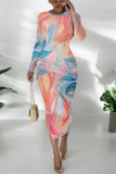 Grey Street Elegant Geometric Print Flowers Contrast O Neck Printed Dresses