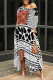 White Orange Casual Street Plaid Geometric Print Pocket Irregular Contrast O Neck Printed Dresses