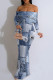 Baby Blue Sexy Street Faux Denim Print Contrast Off Shoulder Fishtail Dresses