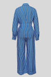 Blue Casual Stripe Pocket Patchwork Turndown Collar Long Sleeve Two Pieces