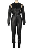 Black Street Solid Color Hollow Out Buckle Patchwork Strap Design O Neck Long Sleeve Two Pieces