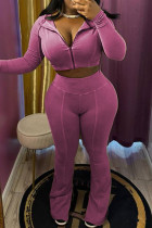 Pink Casual Solid Color Patchwork Zipper Zipper Collar Long Sleeve Two Pieces