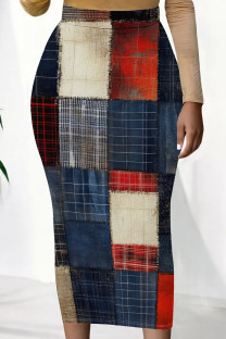Red White Sexy Print Patchwork Skinny Mid Waist Full Print Bottoms