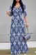 Deep Blue Elegant Letters Faux Denim Print Lace Up Contrast V Neck Printed Dresses