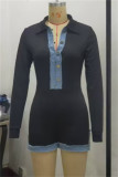 Black Casual Patchwork Contrast Turndown Collar Bodycon Rompers