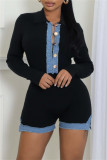 Black Casual Patchwork Contrast Turndown Collar Bodycon Rompers