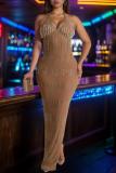 Apricot Sexy Patchwork Hot Drilling Backless Slit Belted Halter Long Dresses