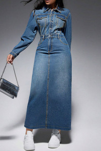 Blue Street Solid Color Pocket Buckle Patchwork Turndown Collar Long Sleeve Straight Denim Dresses