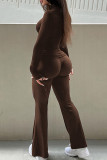 Brown Casual Solid Color Draw String Patchwork Ruched Turtleneck Long Sleeve Two Pieces