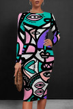 Turquoise Casual Print Patchwork O Neck Wrapped Skirt Dresses