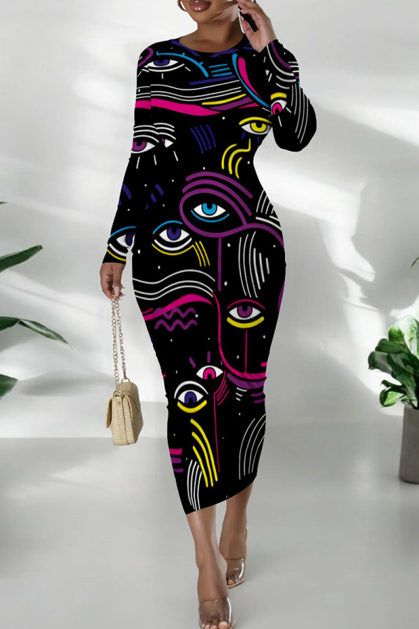 Black Street Print Patchwork O Neck Wrapped Skirt Dresses