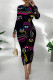 Black Street Print Patchwork O Neck Wrapped Skirt Dresses
