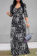Black Elegant Letters Faux Denim Print Lace Up Contrast V Neck Printed Dresses