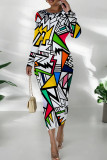 Turquoise Street Print Patchwork O Neck Wrapped Skirt Dresses