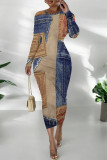 Dark Blue Casual Street Faux Denim Print Contrast O Neck Printed Dresses