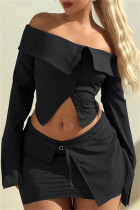 Black Casual Solid Color Buttons Off Shoulder Long Sleeve Two Pieces