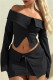 Black Casual Solid Color Buttons Off Shoulder Long Sleeve Two Pieces