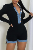 Black Casual Patchwork Contrast Turndown Collar Bodycon Rompers