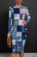 Blue Purple Casual Patchwork O Neck Wrapped Skirt Dresses