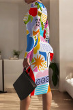 Blue Casual Street Geometric Print Contrast O Neck Printed Dresses