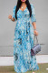 Blue Elegant Letters Faux Denim Print Lace Up Contrast V Neck Printed Dresses