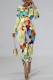 Beige Street Elegant Geometric Print Flowers Contrast O Neck Printed Dresses