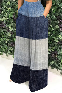 Blue White Casual Print Pocket Patchwork Loose High Waist Wide Leg Full Print Bottoms