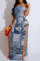 Baby Blue Sexy Faux Denim Print Slit Contrast Off Shoulder Printed Dresses