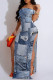 Baby Blue Sexy Faux Denim Print Slit Contrast Off Shoulder Printed Dresses