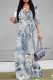 White Blue Elegant Letters Faux Denim Print Lace Up Contrast V Neck Printed Dresses