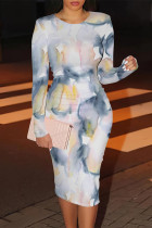 Blue Casual Street Geometric Print Contrast O Neck Printed Dresses