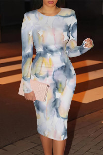 Blue Casual Street Geometric Print Contrast O Neck Printed Dresses