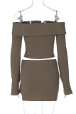 Black Casual Solid Color Buttons Off Shoulder Long Sleeve Two Pieces
