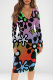 Purple Sexy Print Patchwork V Neck Wrapped Skirt Dresses