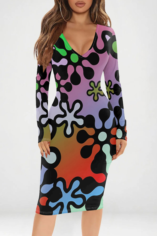 Purple Sexy Print Patchwork V Neck Wrapped Skirt Dresses