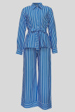 Blue Casual Stripe Pocket Patchwork Turndown Collar Long Sleeve Two Pieces