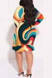 Colour Casual Geometric Print Flowers Lace Up Contrast V Neck Printed Plus Size Dresses