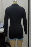 Black Casual Patchwork Contrast Turndown Collar Bodycon Rompers