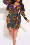 Colour Casual Geometric Print Flowers Lace Up Contrast V Neck Printed Plus Size Dresses