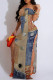 Multicolor Sexy Faux Denim Print Slit Contrast Off Shoulder Printed Dresses