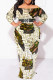 Beige Sexy Geometric Print Polka Dot Leopard Contrast Off Shoulder Printed Plus Size Dresses(No Belt)