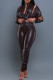 Dark Brown Street Solid Color Hollow Out Buckle Patchwork Strap Design O Neck Long Sleeve Two Pieces