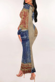 Multicolor Casual Street Faux Denim Print Contrast U Neck Printed Dresses
