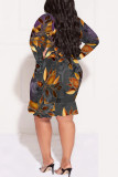 Colour Casual Geometric Print Flowers Lace Up Contrast V Neck Printed Plus Size Dresses