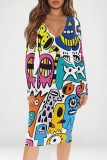 Purple Sexy Print Patchwork V Neck Wrapped Skirt Dresses