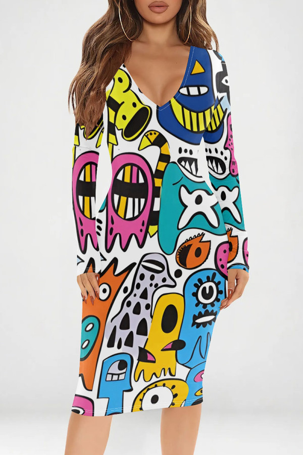 Multi-color Sexy Print Patchwork V Neck Wrapped Skirt Dresses