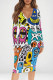 Multi-color Sexy Print Patchwork V Neck Wrapped Skirt Dresses