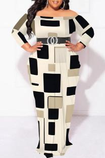 Cream White Sexy Geometric Print Polka Dot Leopard Contrast Off Shoulder Printed Plus Size Dresses(No Belt)